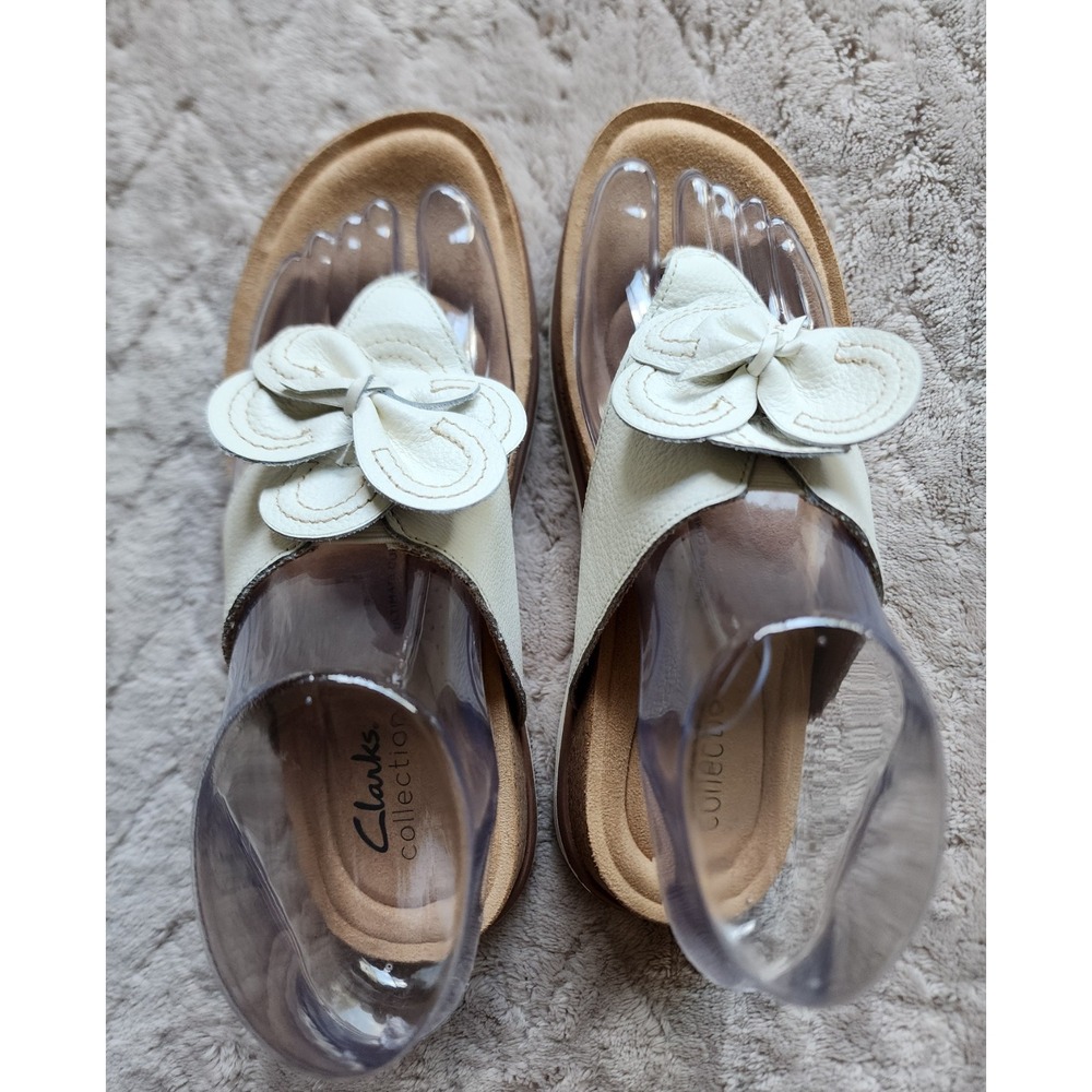 Clarks Brynn White Leather Thong Sandals Womens 6.5 Floral Applique 261651044040 - Picture 5 of 9
